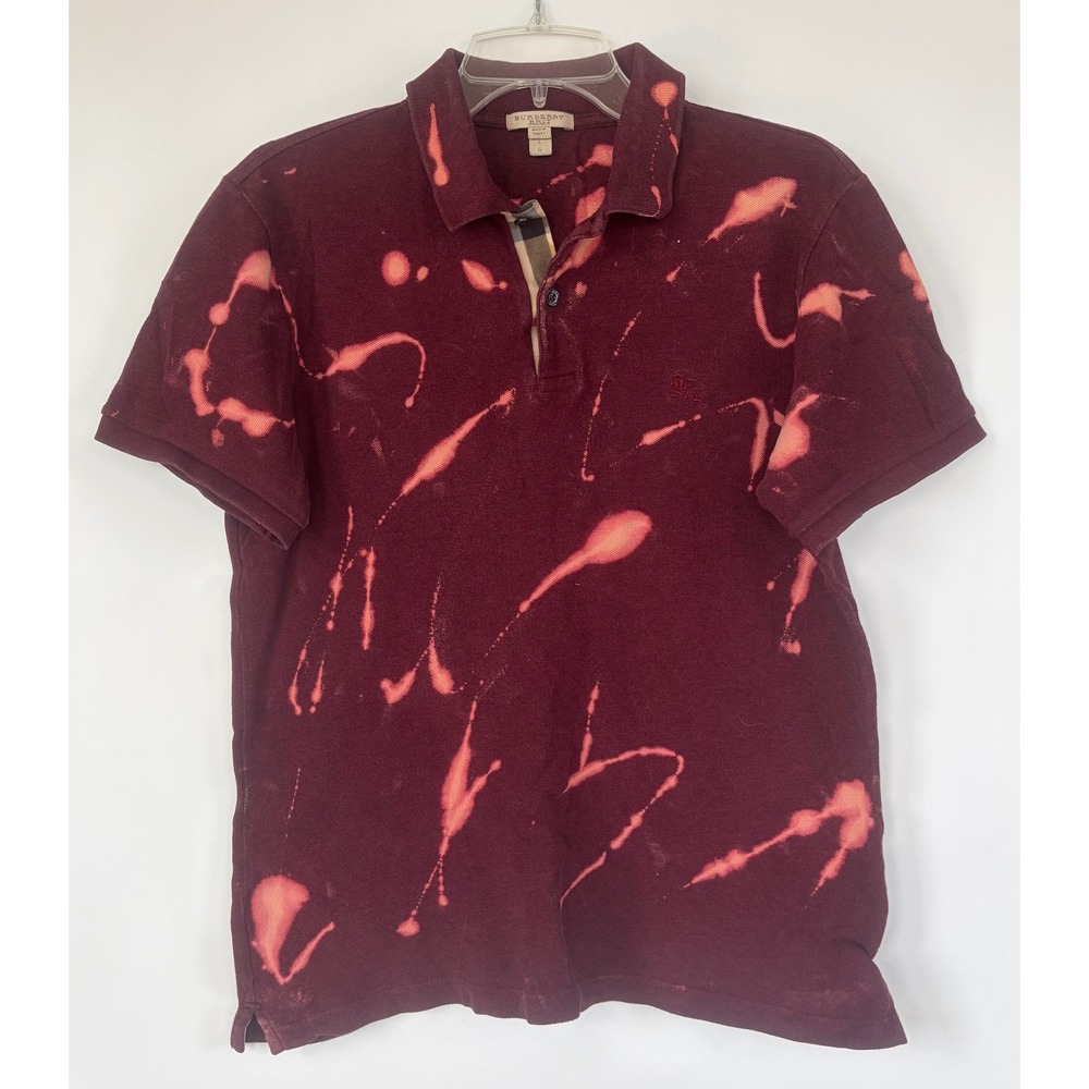 Burberry‎ Brit Mens Large Custom Bleach Dye Maroon Polo Shirt Nova Check Placket